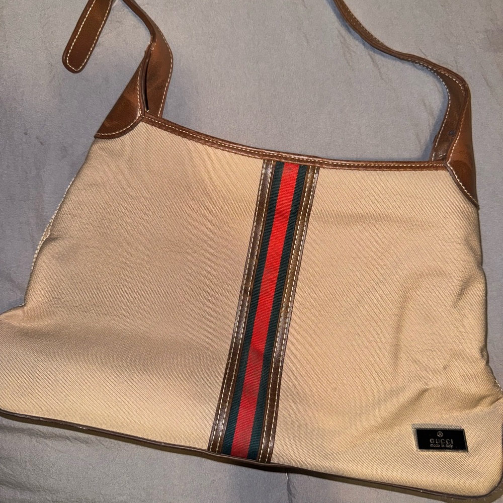Vintage Gucci Tan Canvas Bag with Brown Trim